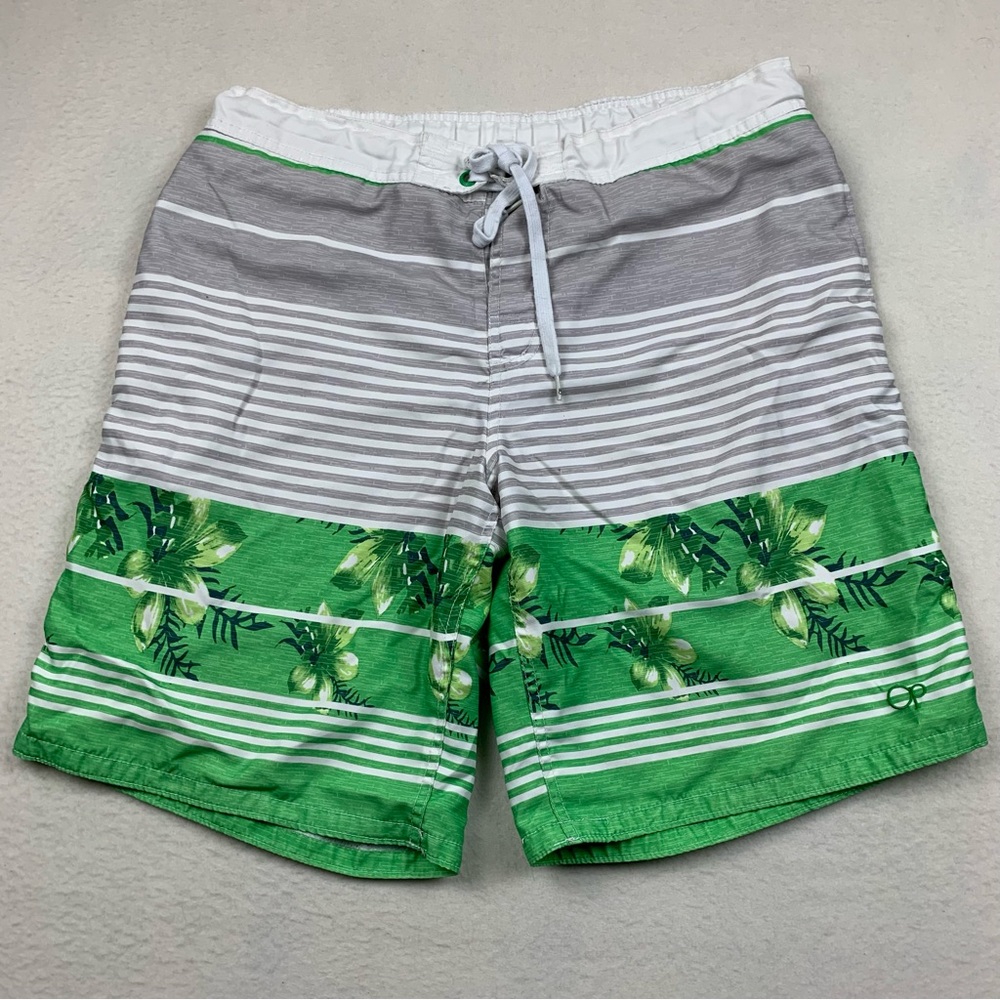 OP Ocean Pacific Swim Trunks Mens Large Gray‎ Green Floral Striped Polyester